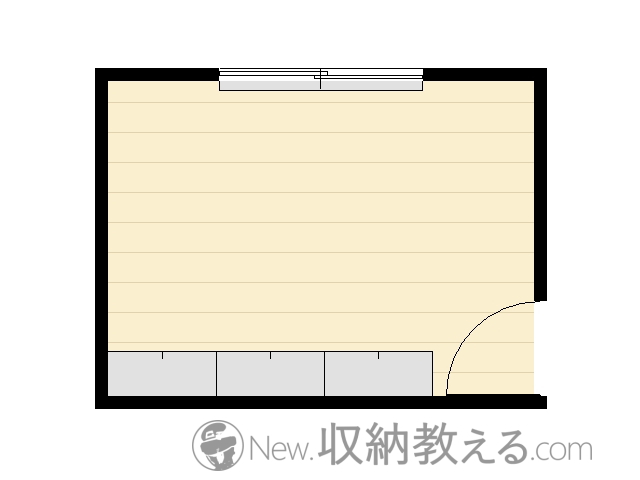 6畳間に背が高い（高さが2倍の）収納家具を3本レイアウトした状態の平面図