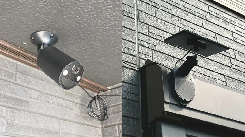 ソーラー給電のワイヤレス防犯カメラ「Tapo C411 KIT」を玄関軒下天井と雨戸シャッター格納部に設置